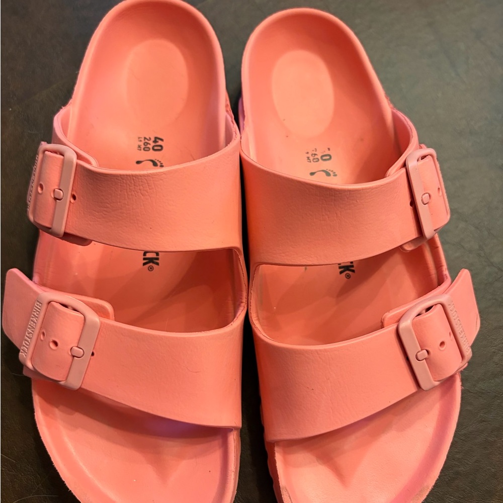 Birkenstock Two-Strap Slide Sandals in Coral Pink